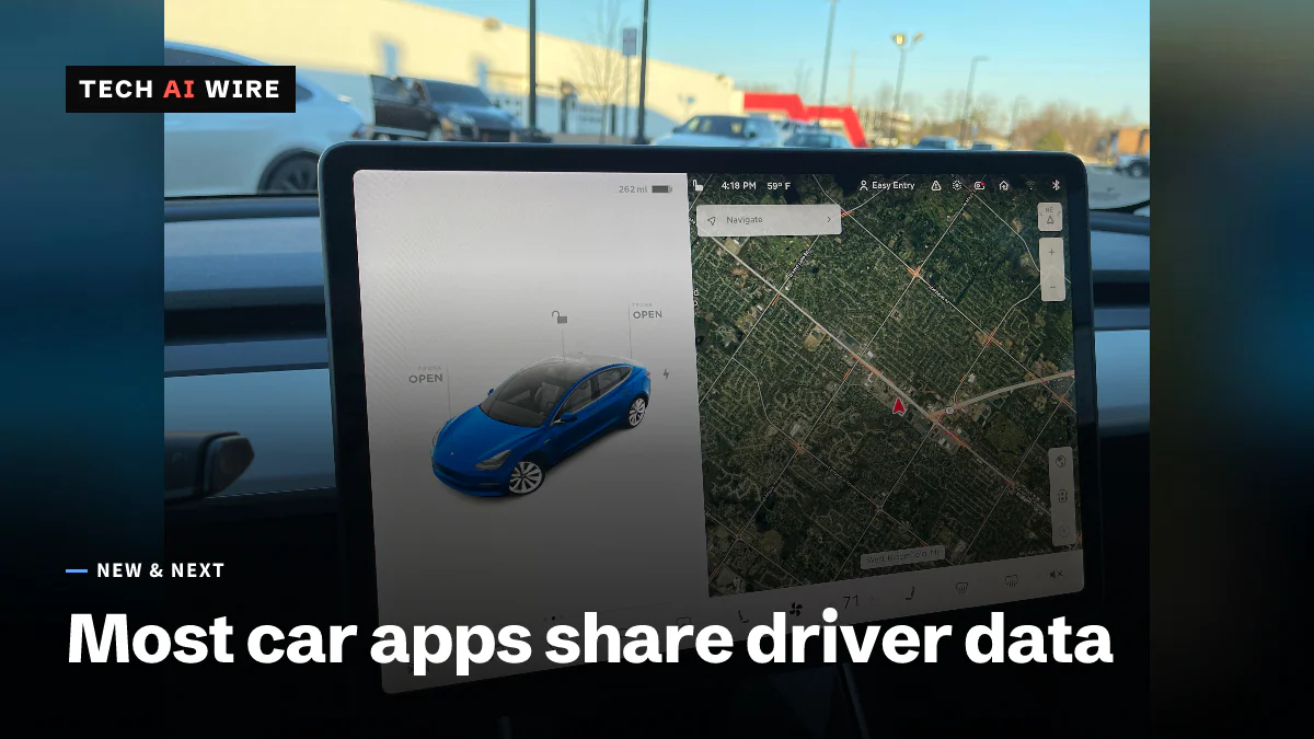 The center touchscreen of a Tesla Model 3 showing the car's status next to a satellite map of where it is parked.