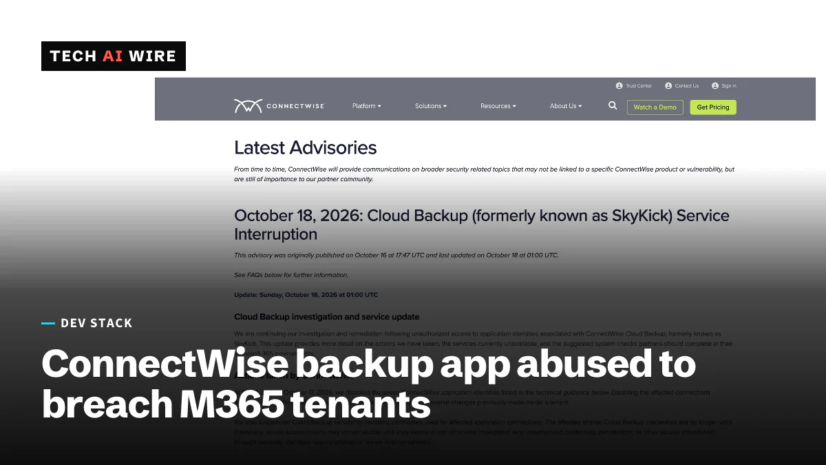 ConnectWise's Latest Advisories page, headed by its October 18, 2026 notice on the Cloud Backup, formerly SkyKick, service interruption.