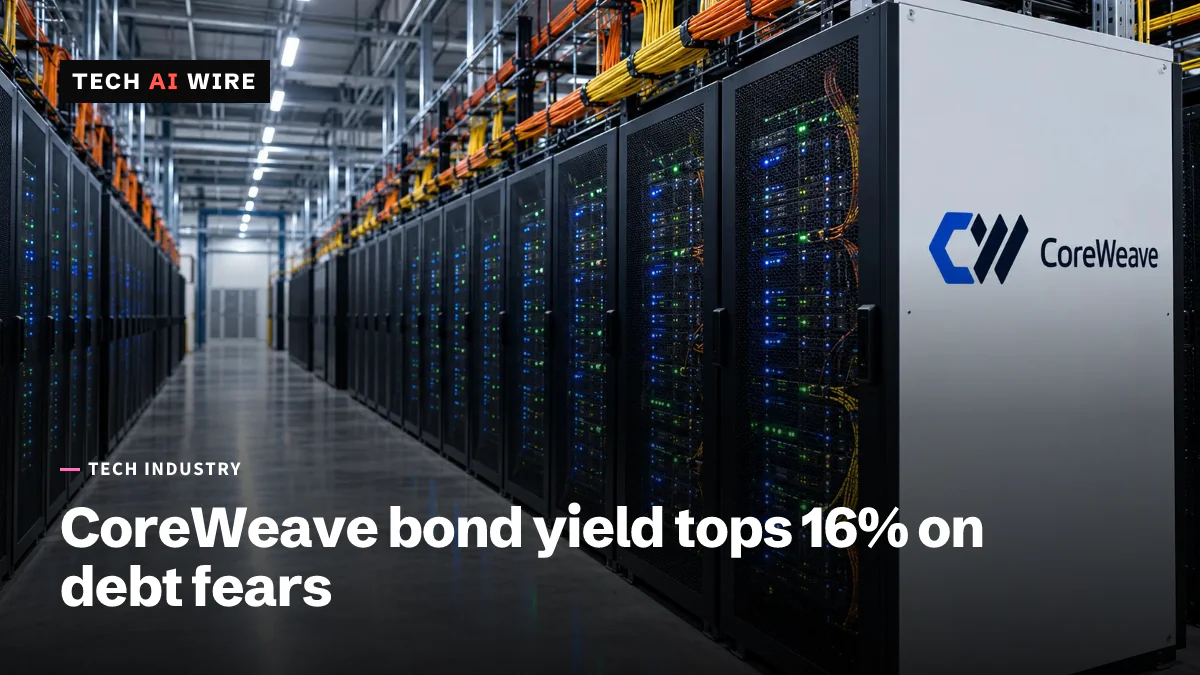 Ein langer Gang mit schwarzen GPU-Serverracks, hinter deren Gittertüren blaue und grüne Statuslichter leuchten, darüber orange und gelbe Kabel und das CoreWeave-Logo auf einer weißen Endplatte.