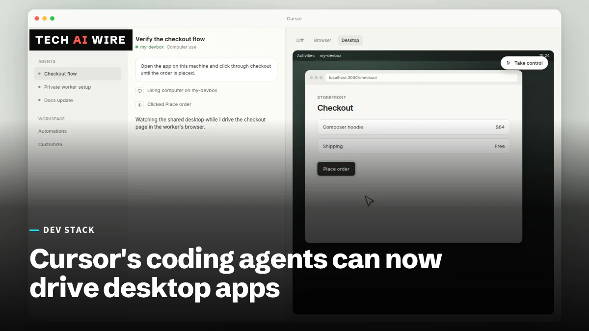 Cursor's documentation image of an agent running a task named Verify the checkout flow, its Desktop tab showing a remote machine's checkout page and a Take control button.