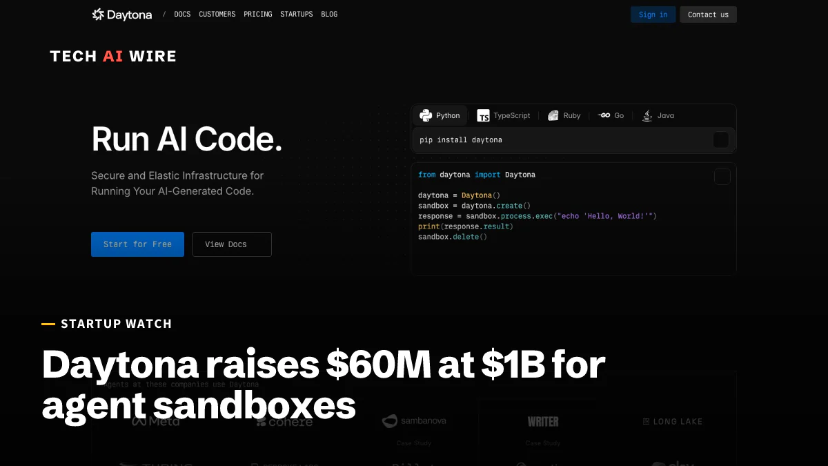 Daytona's homepage with the headline "Run AI Code.", a Python code sample that creates and deletes a sandbox, and logos of companies such as Meta, Cohere and Writer.
