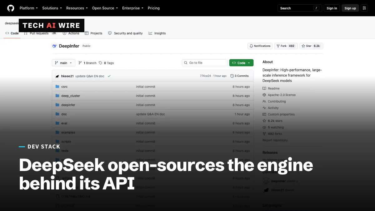 The deepseek-ai/DeepInfer repository on GitHub, showing its file list, the Apache-2.0 license and a description of a large-scale inference framework for DeepSeek models.