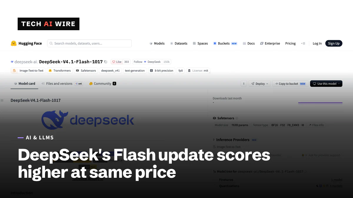 The Hugging Face model page for deepseek-ai/DeepSeek-V4.1-Flash-1017, showing the DeepSeek whale logo, an MIT license tag and a 763B-parameter model size.