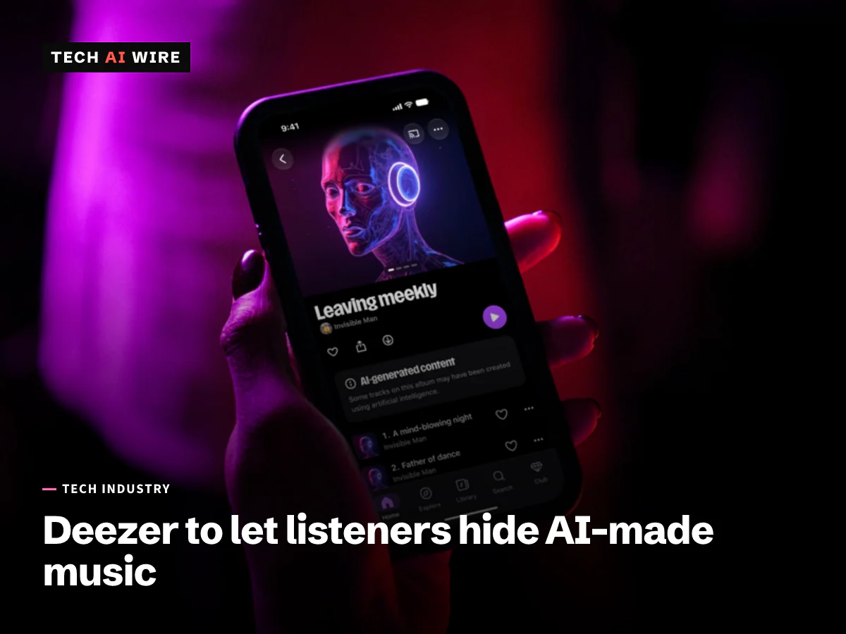 A hand holding a phone running the Deezer app, showing an album page with an AI-generated content notice above its track list.