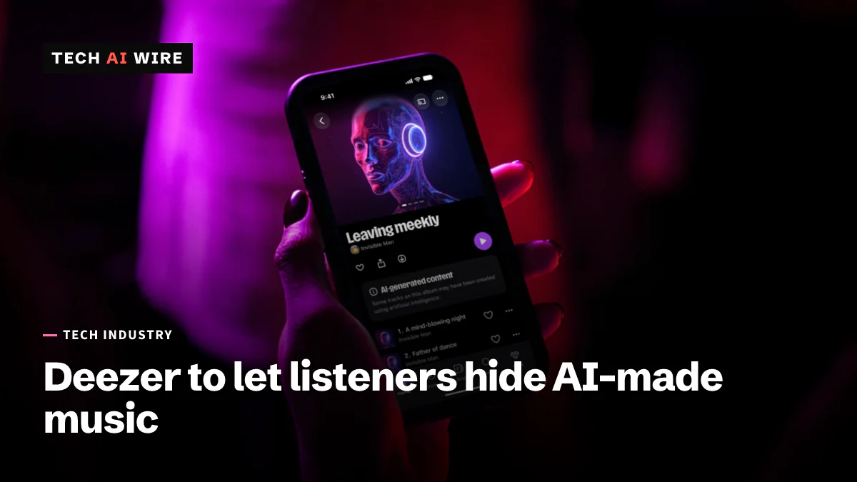 A hand holding a phone running the Deezer app, showing an album page with an AI-generated content notice above its track list.