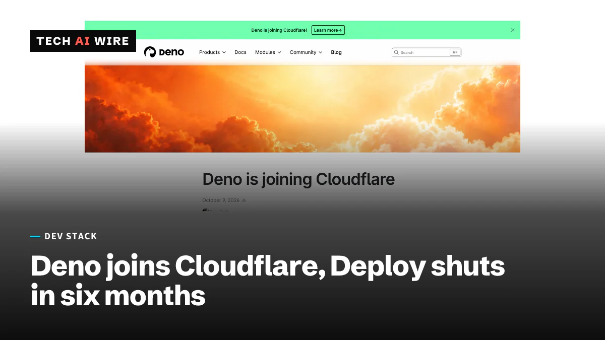 Screenshot of Deno's blog post Deno is joining Cloudflare, by Ryan Dahl, dated October 9, 2026.