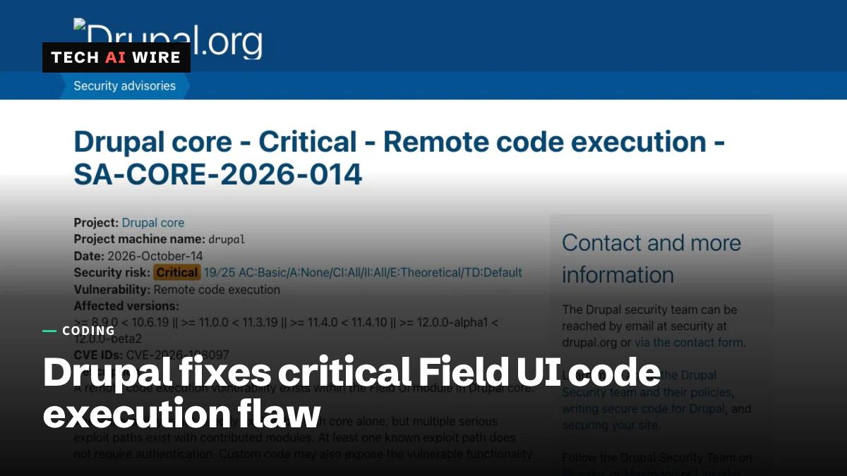 The SA-CORE-2026-014 advisory on Drupal.org, marked Critical with a 19/25 risk score and dated 2026-October-14.