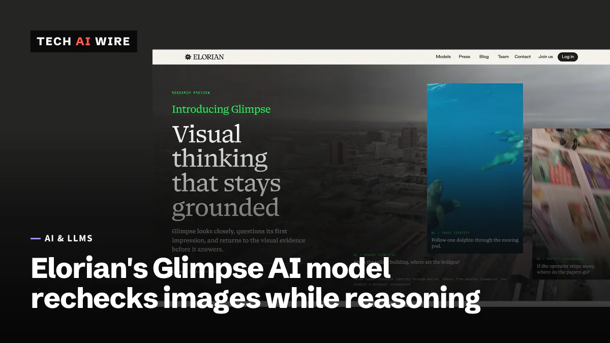 Página de lançamento “Introducing Glimpse” da Elorian, datada de 16 de outubro de 2026, com o título “Visual thinking that stays grounded” ao lado de quadros de vídeo com golfinhos e uma cidade.