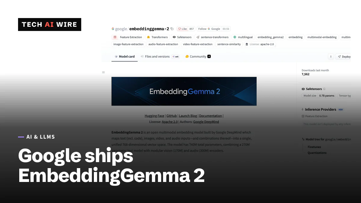 Screenshot of the google/embeddinggemma-2 model page on Hugging Face, with the EmbeddingGemma 2 banner and an Apache 2.0 license link.