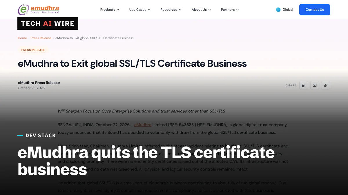 eMudhra press release page headed eMudhra to Exit global SSL/TLS Certificate Business, dated October 22, 2026, with the eMudhra logo in the site header.
