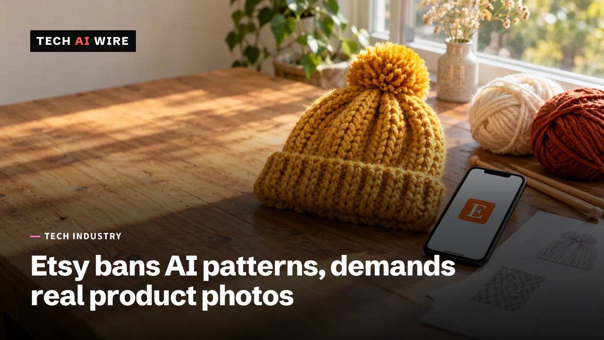 Un bonnet en laine tricoté à la main à côté d'un patron de tricot imprimé, de pelotes de laine et d'aiguilles sur une table en bois, avec un téléphone affichant le logo orange d'Etsy.
