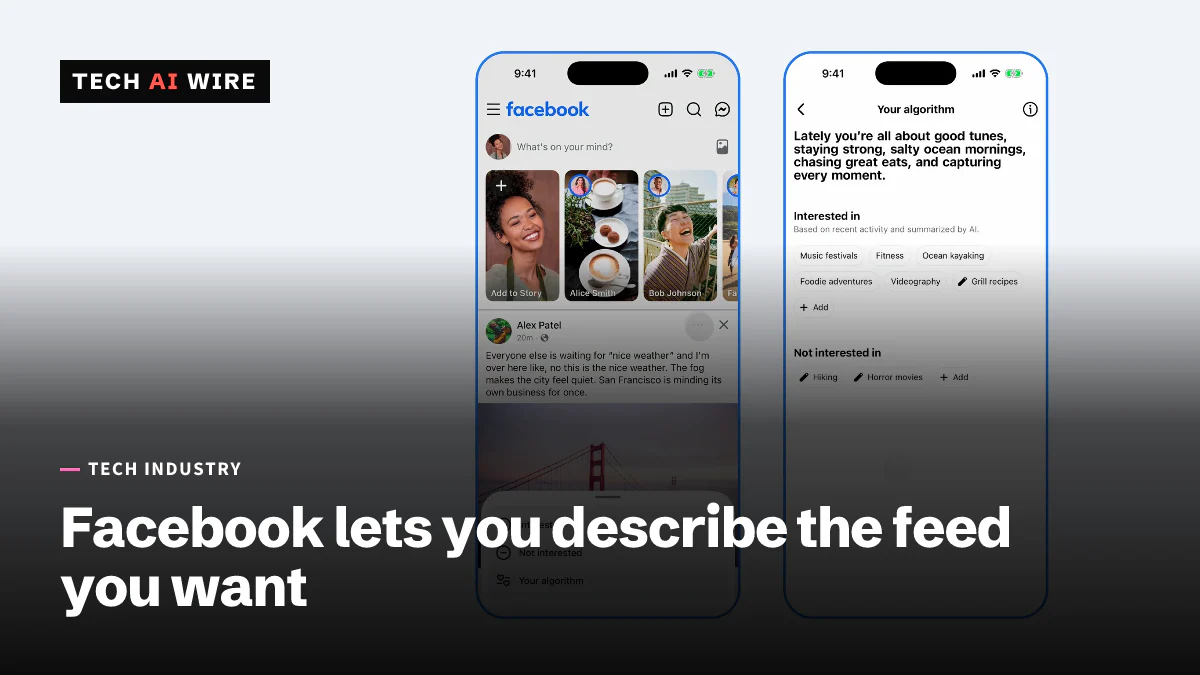 Two phone screens from Meta's demo: a Facebook post menu offering Interested, Not interested and Your algorithm, and a Your algorithm page listing topics.