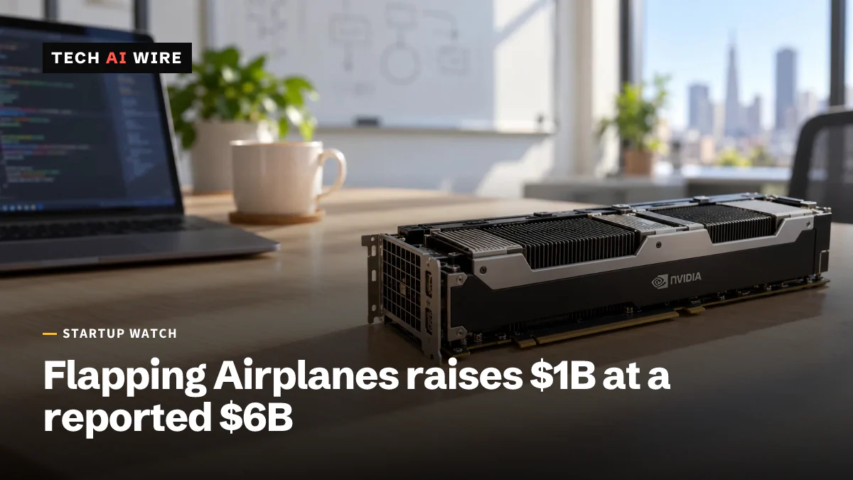 An Nvidia data-center GPU board lying on a researcher's desk in a small, sunlit San Francisco startup office, beside a laptop whose screen is out of focus.