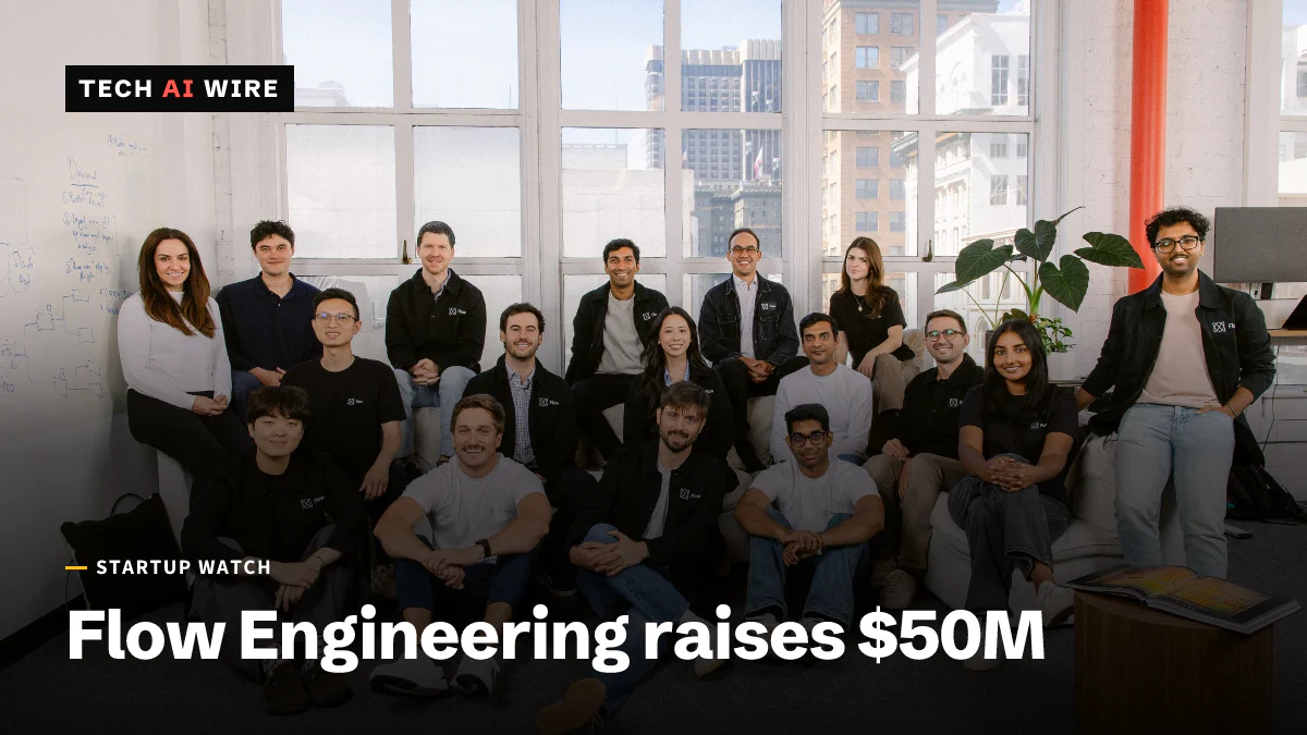 Flow Engineering's team posing in its San Francisco office in front of tall windows, in the photo the company published with its Series B announcement.