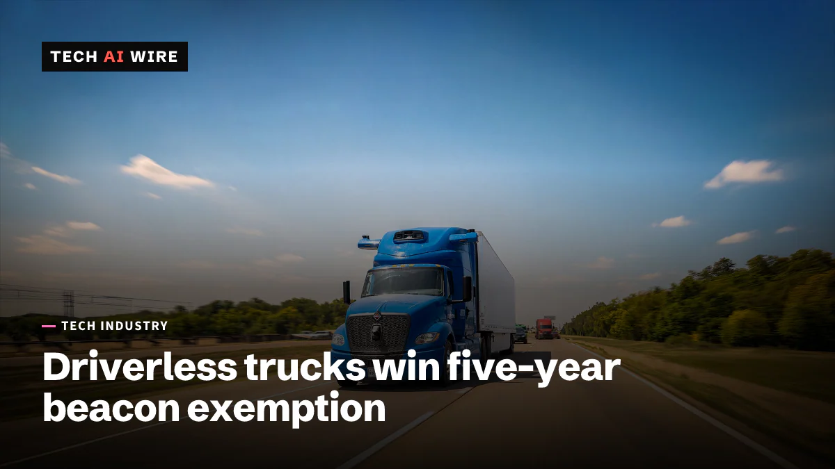 A blue Aurora self-driving truck with a roof-mounted sensor pod pulls a white trailer along a highway under a clear sky.