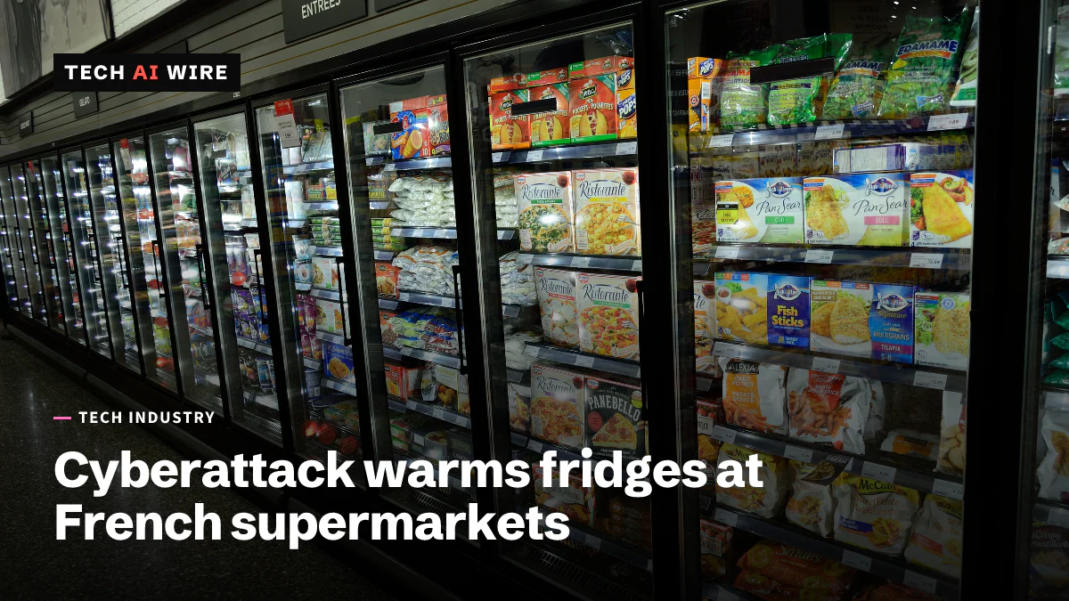 A long supermarket aisle lined with glass-door freezers full of packaged frozen food.
