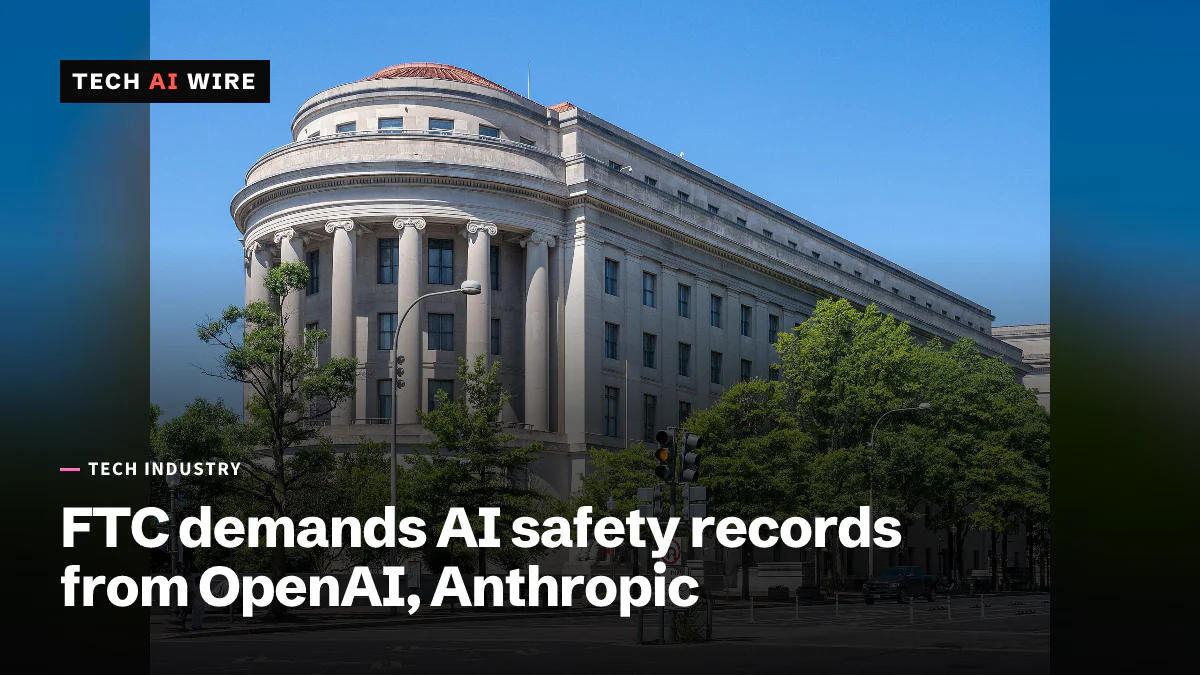 The rounded, columned corner of the Federal Trade Commission's Apex Building in Washington, D.C., behind street trees under a clear blue sky.