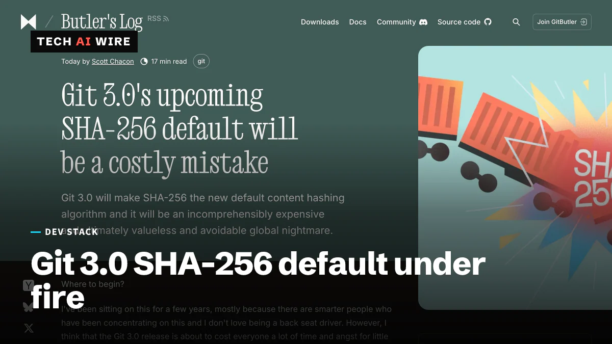 Screenshot of Scott Chacon's GitButler blog post 'Git 3.0's upcoming SHA-256 default will be a costly mistake', with its colorful header illustration.