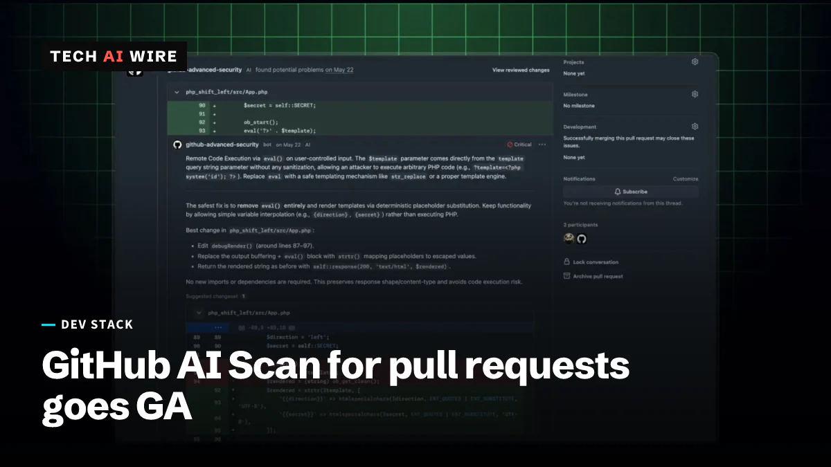 GitHub's screenshot of a pull request where the github-advanced-security bot flags a critical eval() code execution risk in a PHP file and suggests a fix.