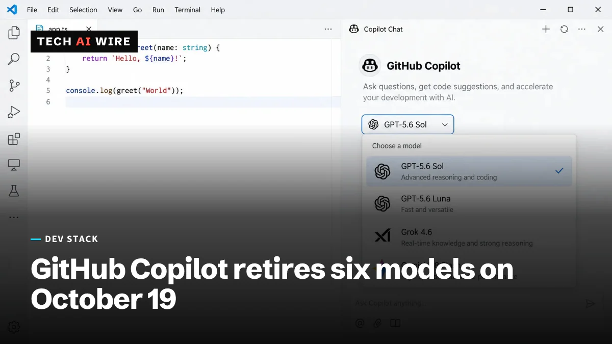 GitHub Copilot Chatのモデル選択メニューを開いたVS Codeのイラスト。GPT-5.6 Sol、GPT-5.6 Luna、Grok 4.6、Gemini 3.8 Flashが並んでいる。