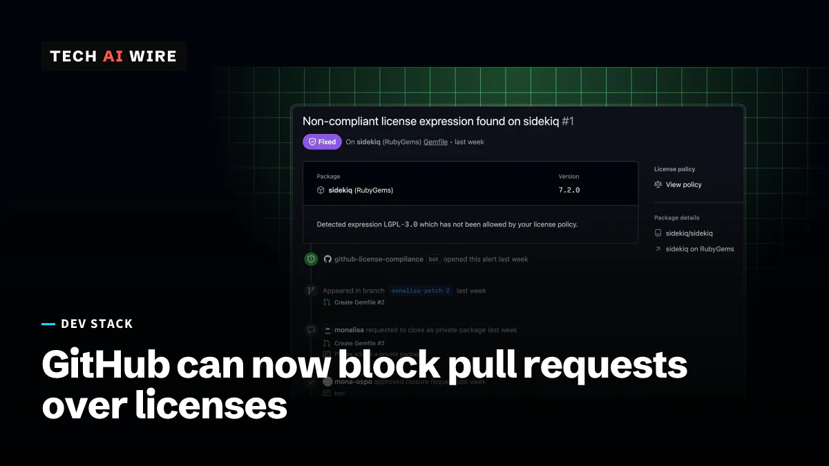 GitHub's example license compliance alert for the sidekiq RubyGems package, flagging an LGPL-3.0 license not allowed by the policy, with its review timeline.
