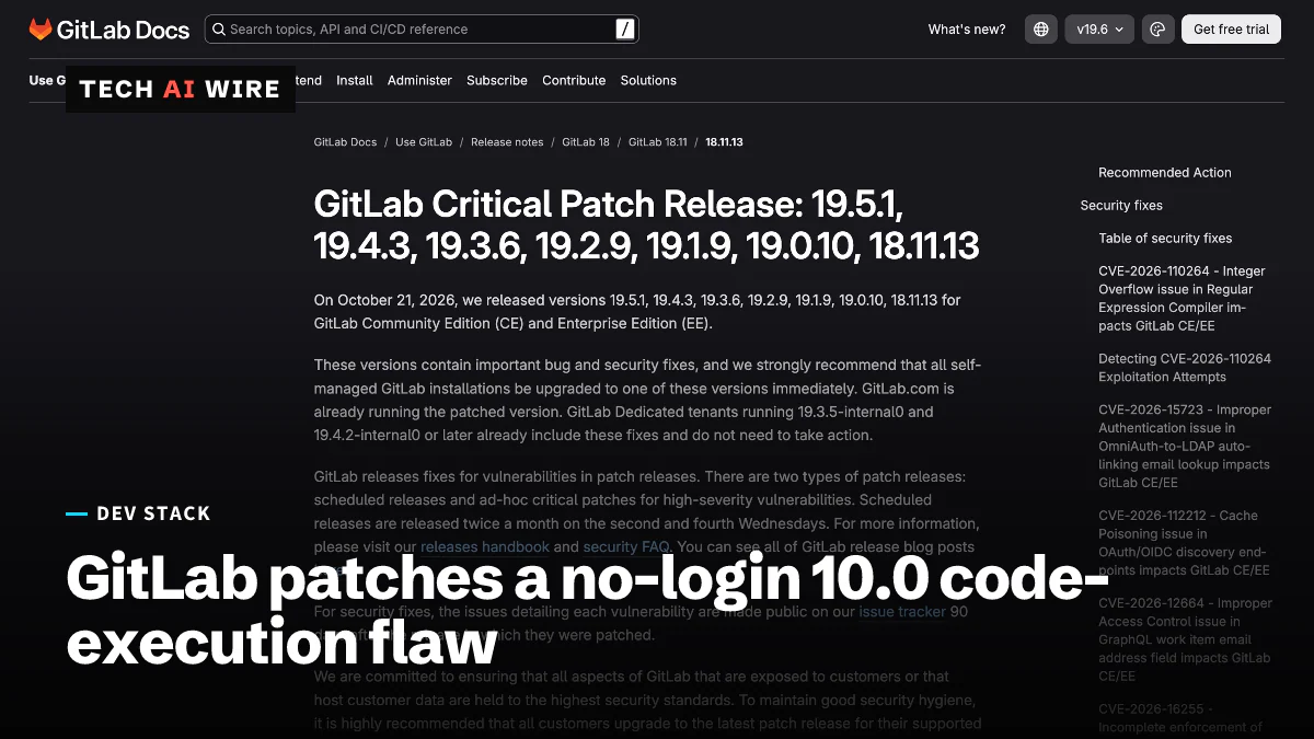 GitLab Docs page titled GitLab Critical Patch Release: 19.5.1, 19.4.3, 19.3.6, 19.2.9, 19.1.9, 19.0.10, 18.11.13, with a list of CVEs in the sidebar.