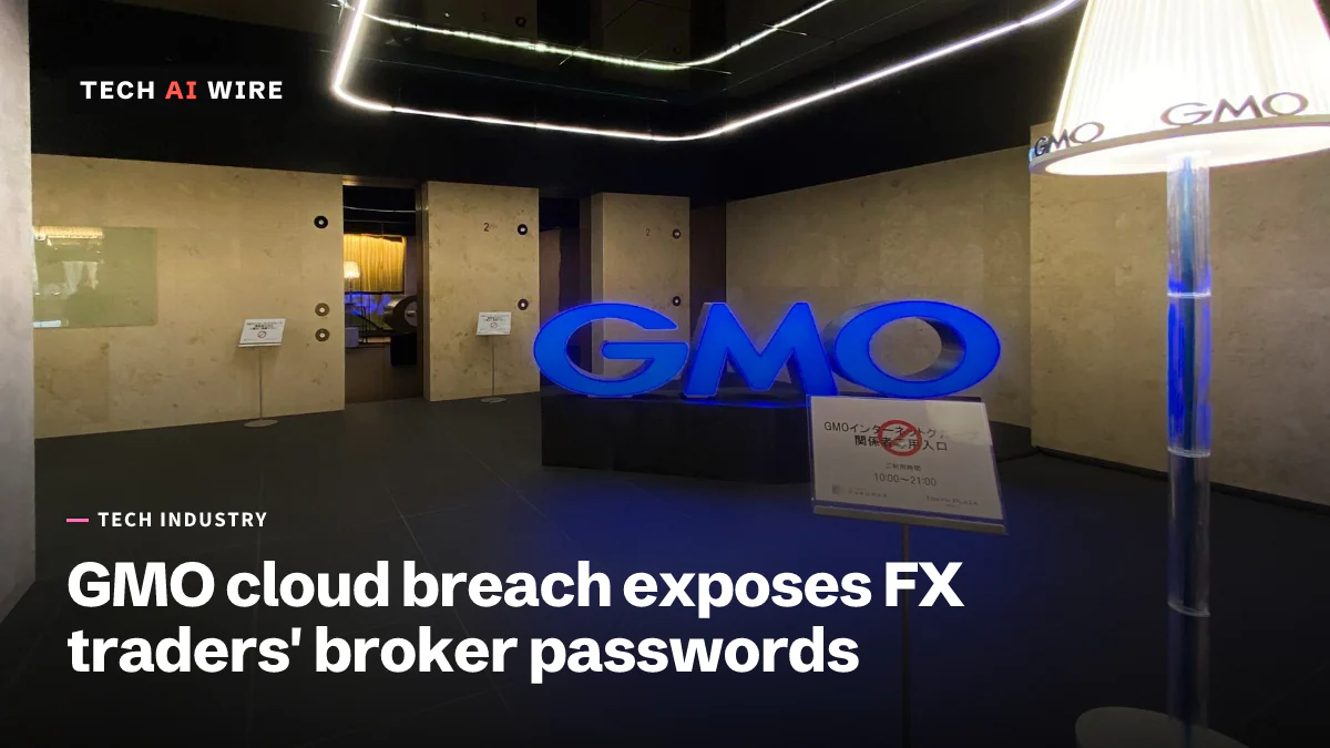 A large blue illuminated GMO sign in a stone-walled office lobby under a looping ceiling light, photographed in 2019.