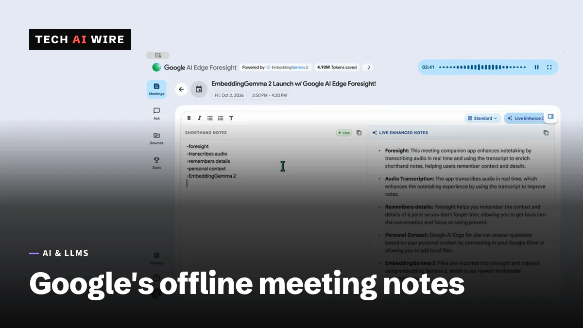 The Google AI Edge Foresight app shows a user's shorthand notes on the left and AI-enhanced meeting notes on the right.