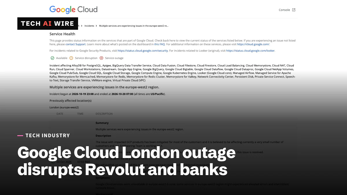 Google Cloud's Service Health page for the europe-west2 incident, listing affected products, the incident's start and end times and Google's final update.