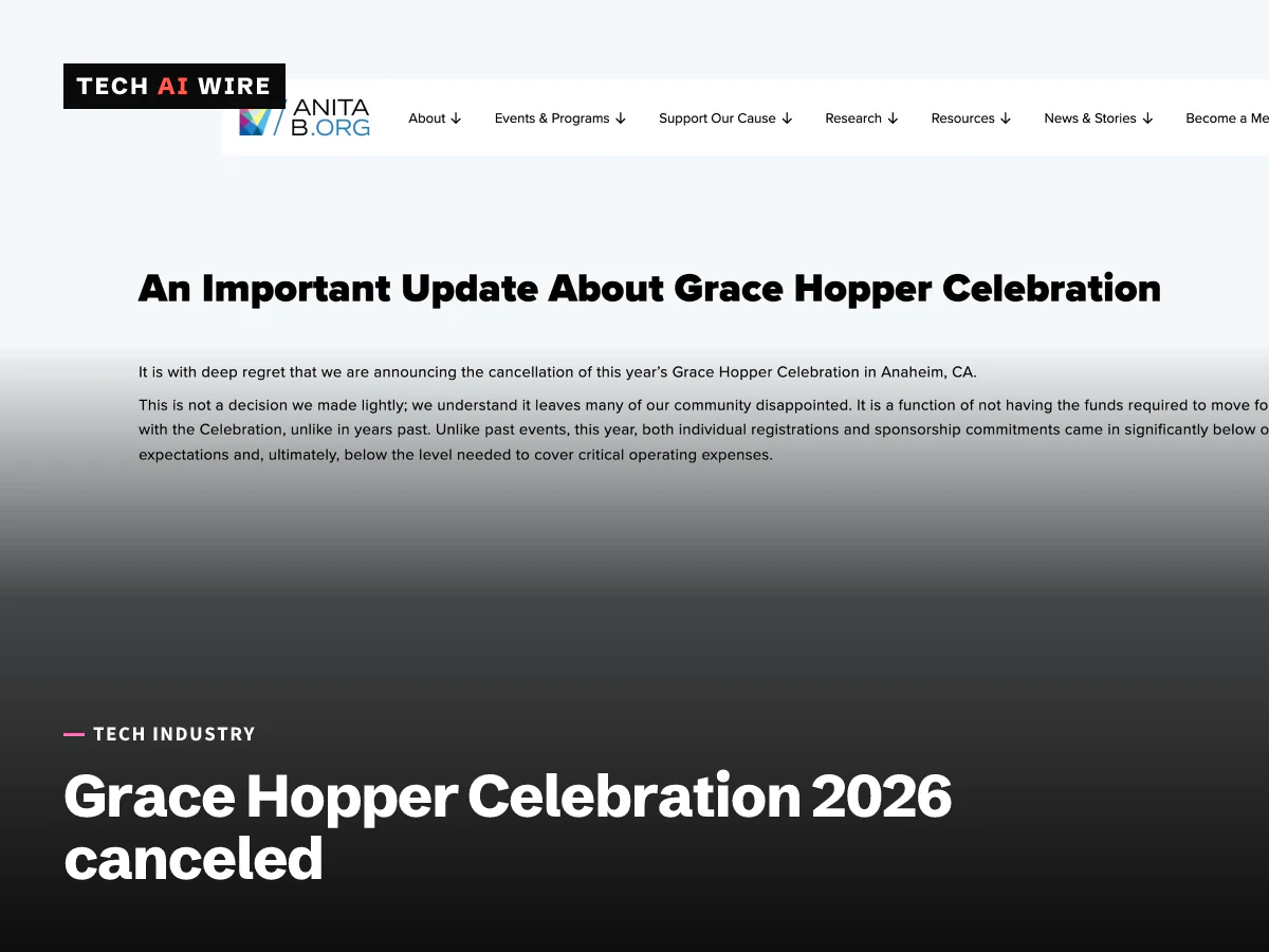 AnitaB.org's website notice titled An Important Update About Grace Hopper Celebration, announcing the cancellation of this year's event in Anaheim.