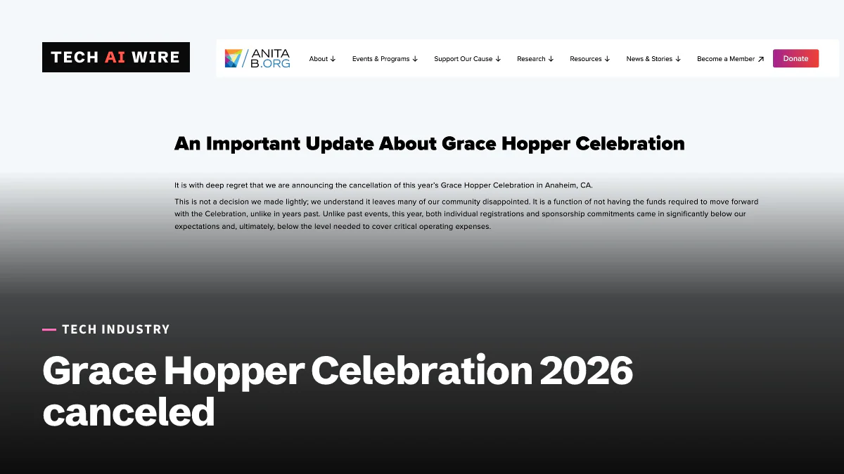 AnitaB.org's website notice titled An Important Update About Grace Hopper Celebration, announcing the cancellation of this year's event in Anaheim.