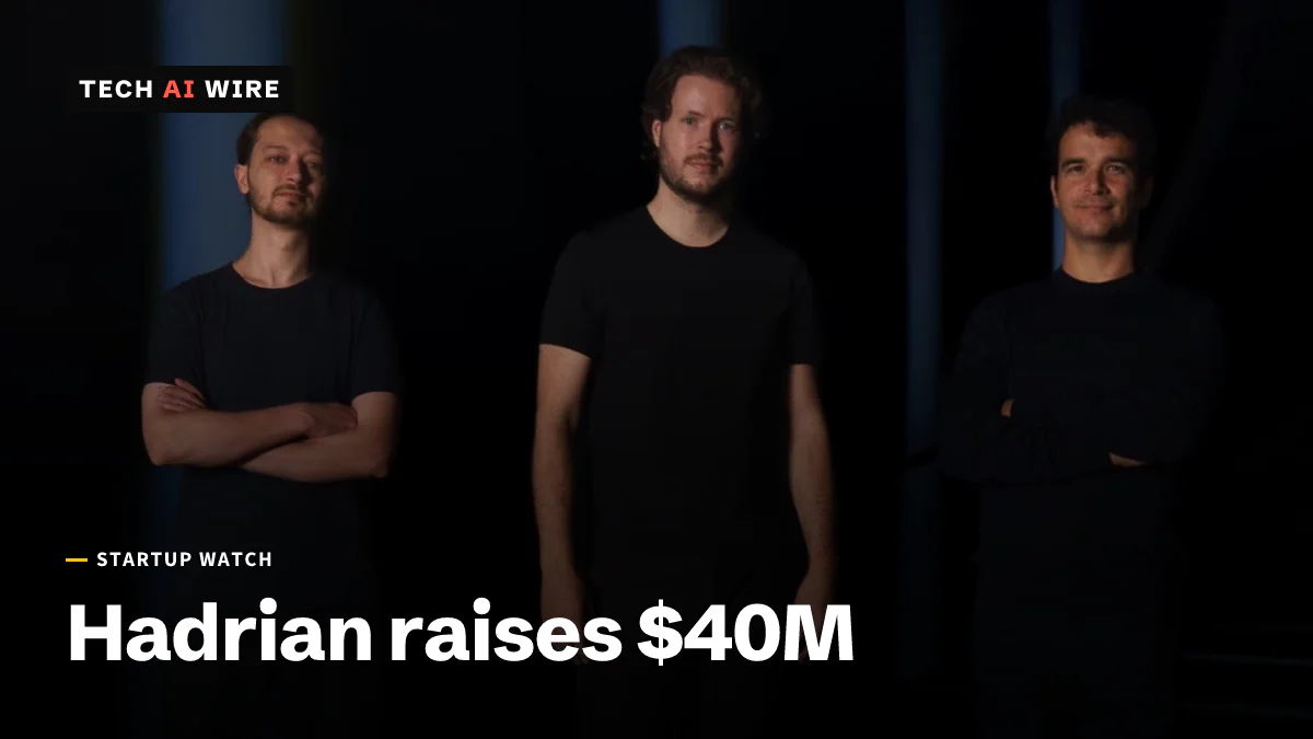 Hadrian chief executive Rogier Fischer stands in the center with co-founders Olivier Beg and Maurice Clin on either side, all in dark clothes in a dimly lit room.