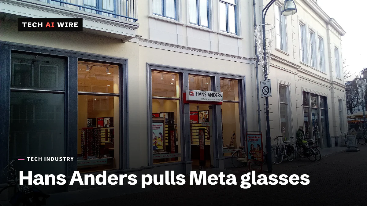 A Hans Anders opticians store on a shopping street in Deventer, the Netherlands, with its red-and-white sign above the entrance and eyeglass displays in the lit windows.