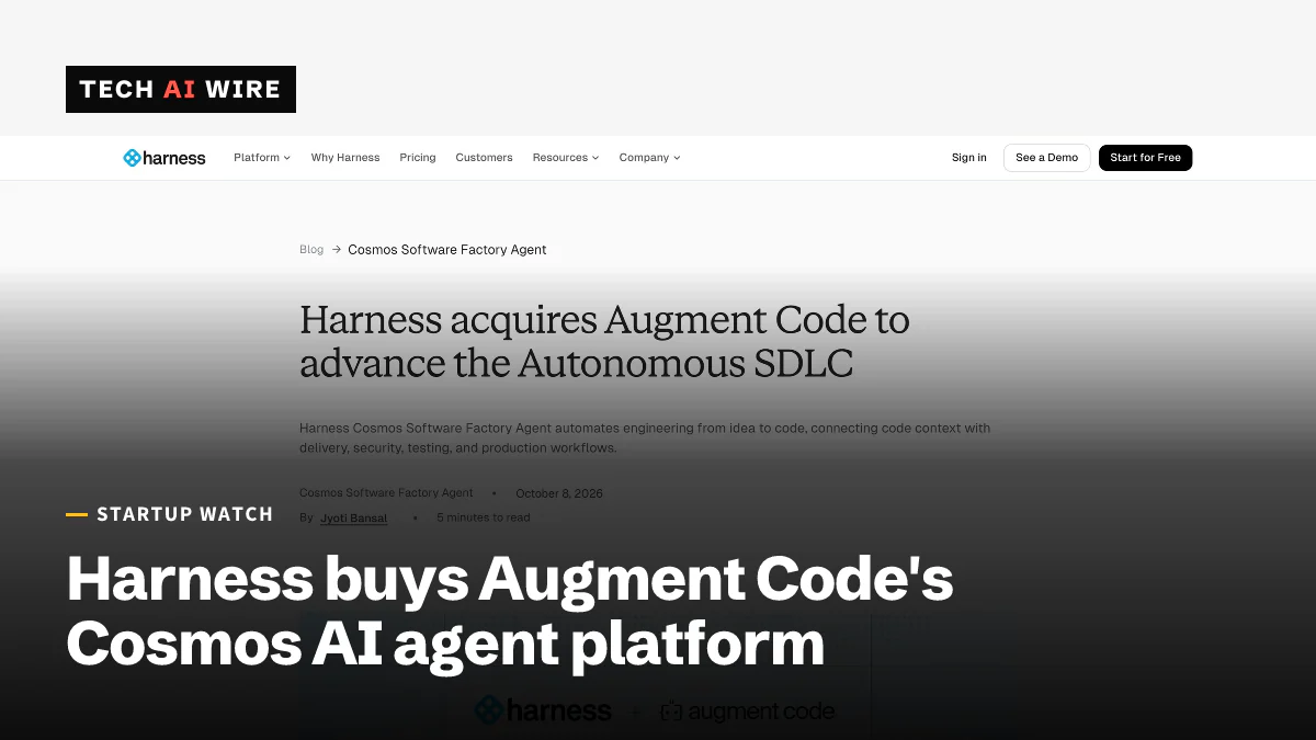 Harness's blog post Harness acquires Augment Code to advance the Autonomous SDLC by Jyoti Bansal, dated October 8, 2026, above the Harness and Augment Code logos.