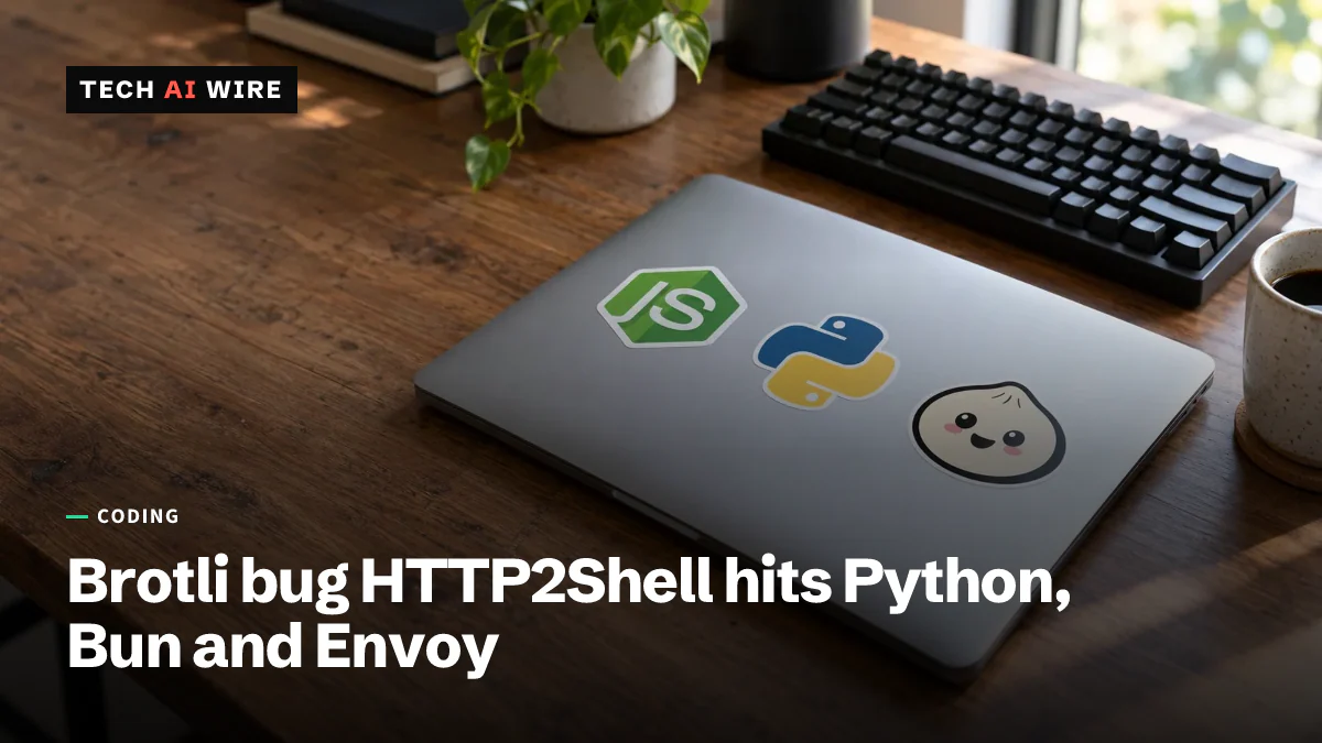 A closed silver laptop on a wooden desk with Node.js, Python and Bun logo stickers on its lid, beside a black keyboard, a plant and a coffee mug.