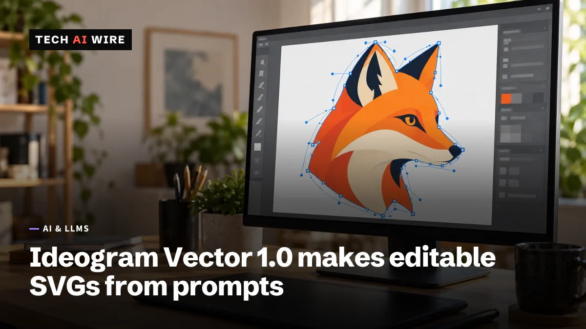 A desktop monitor in a sunny studio showing an orange vector fox head selected in an illustration editor, its outline covered in blue anchor points and curve handles, with a drawing tablet on the desk.
