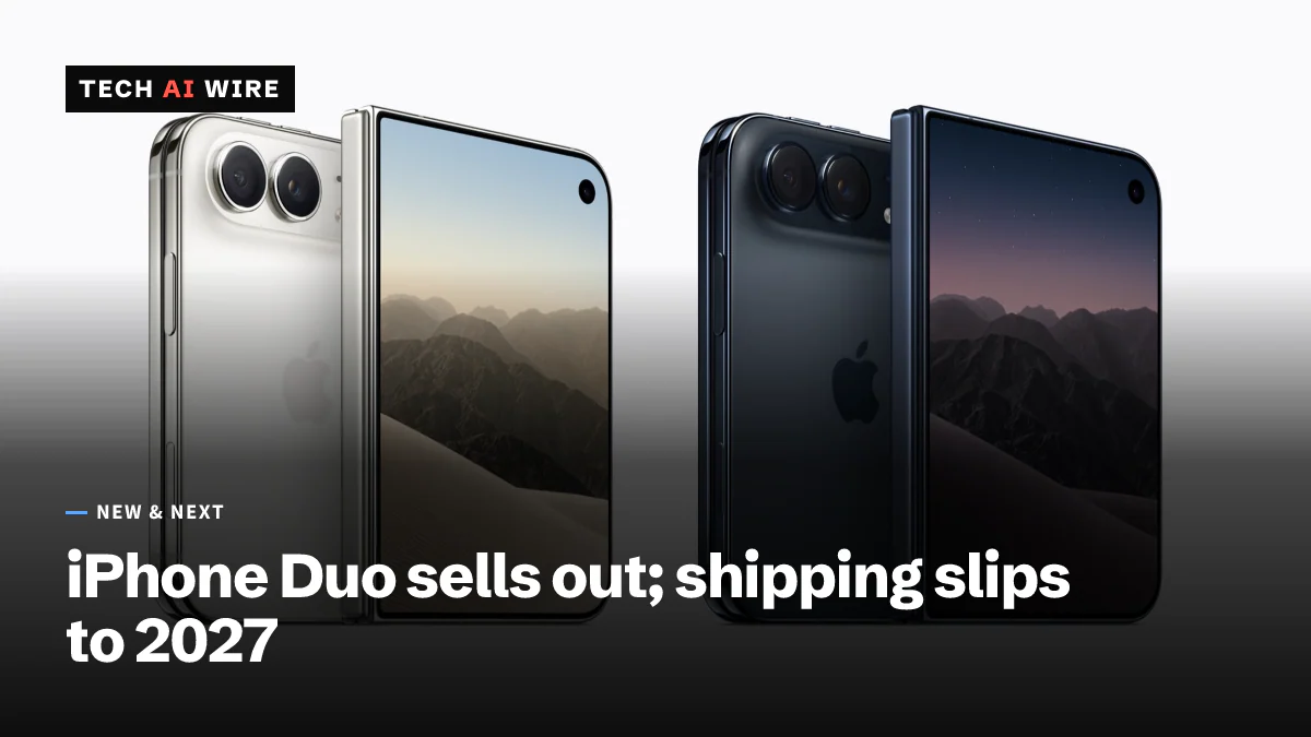 Two iPhone Duo phones half-open side by side on a white backdrop, one in star white and one in night sky, each showing its dual rear camera and folding screen, in an Apple press image.