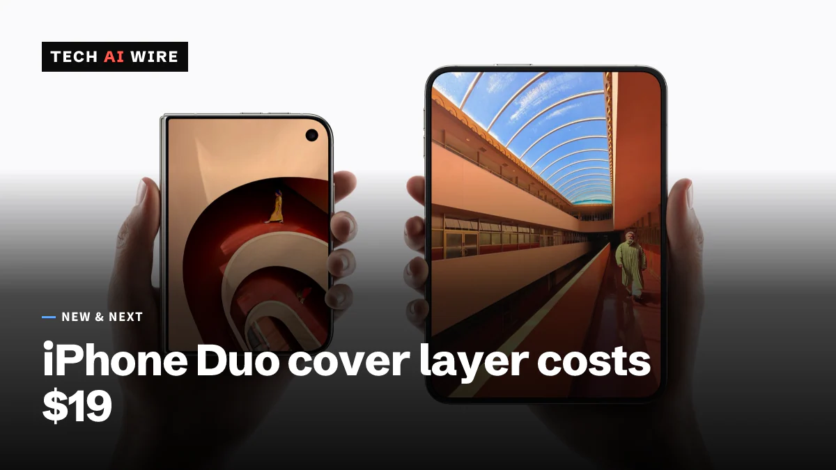 Two hands holding up two iPhone Duo devices side by side, one folded showing its outer screen and one unfolded showing its inner display, in an Apple press image.