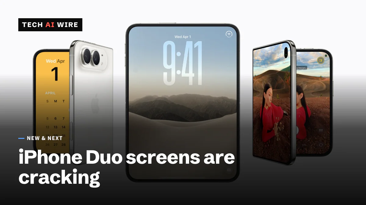 Three iPhone Duo phones in an Apple press image: a closed white model showing its dual rear camera, an open one showing its large inner display, and a closed one showing photos.