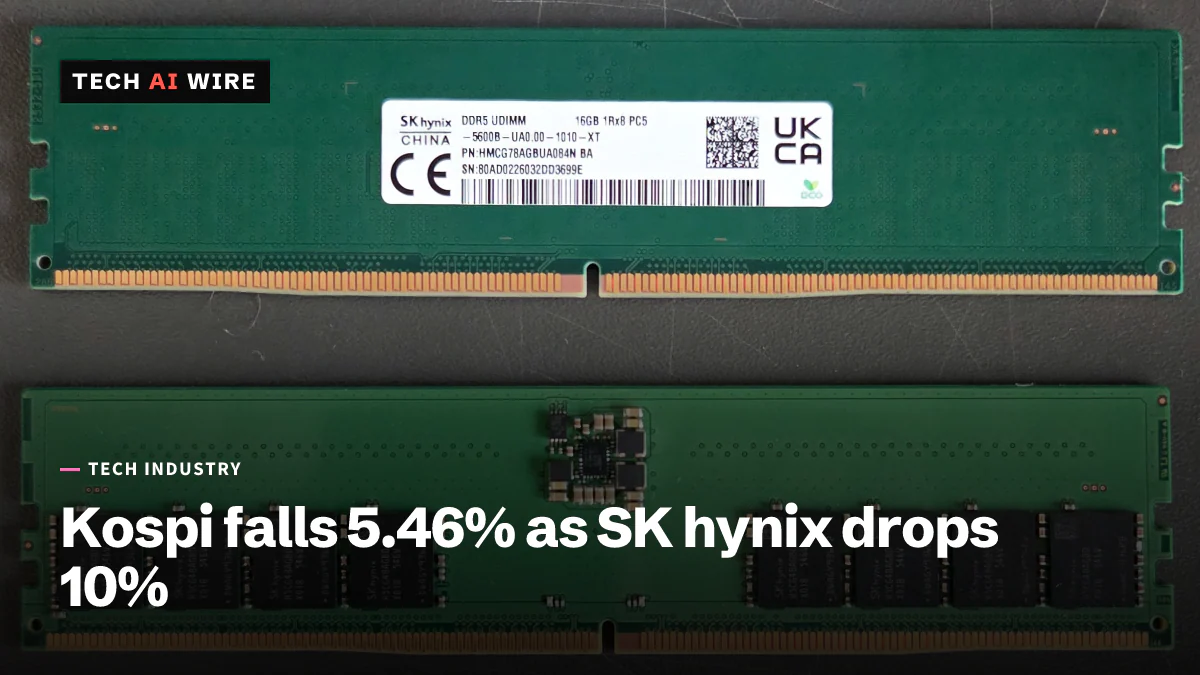 暗い面の上に置かれた、緑色のSK hynix製DDR5 UDIMMメモリーモジュール2枚。1枚はSK hynixのラベルを、もう1枚はメモリーチップを見せています。