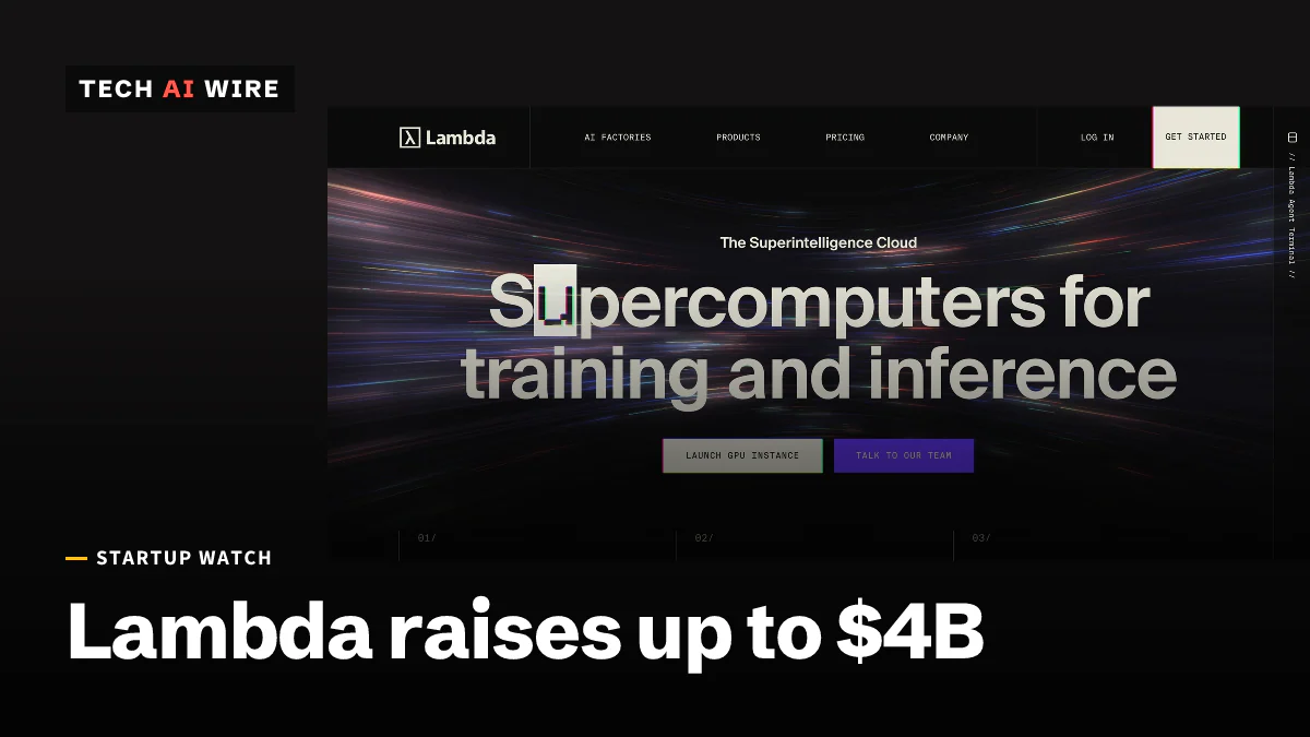 Screenshot of Lambda's homepage reading Supercomputers for training and inference, under the line The Superintelligence Cloud.