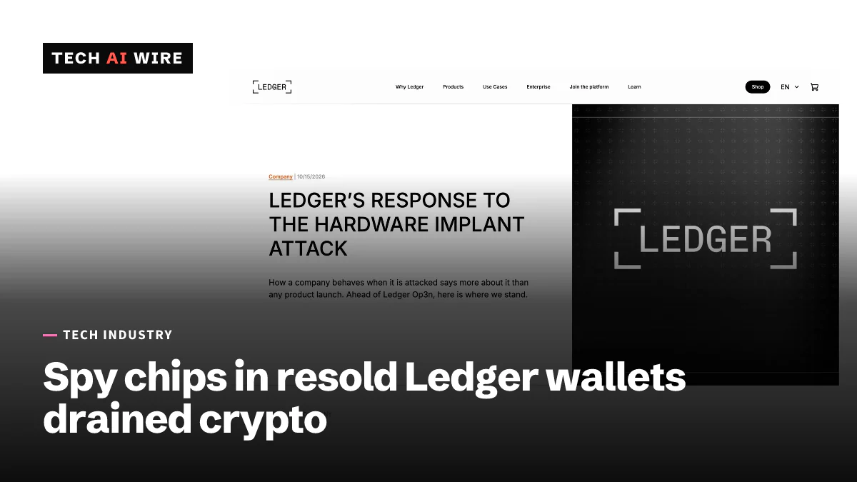 Ledger's blog post Ledger's Response to the Hardware Implant Attack, dated October 15, 2026, beside the Ledger logo.