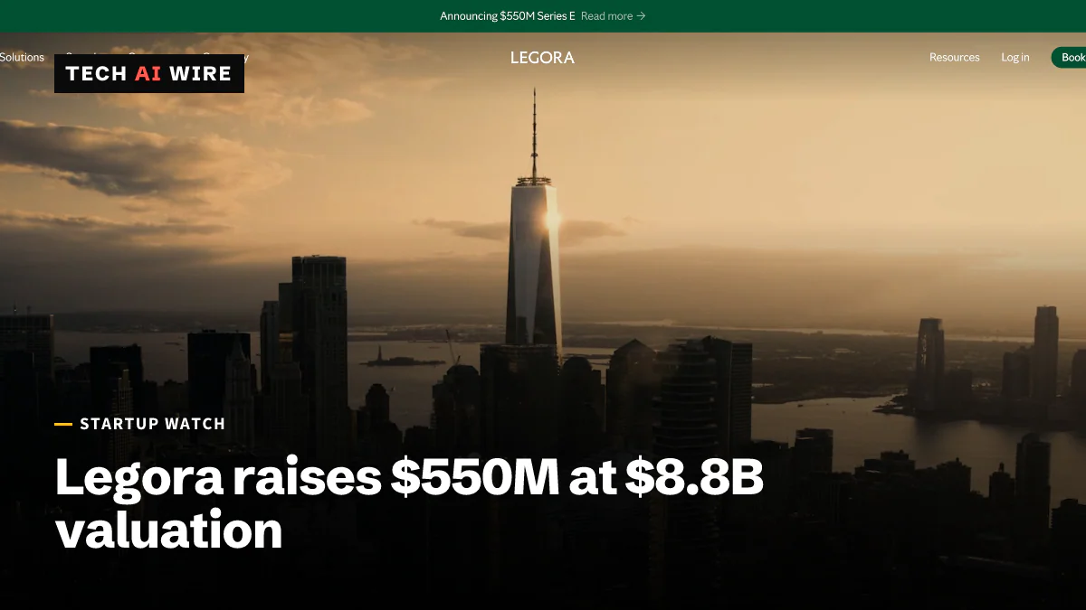 Legora's homepage, with a banner announcing its $550M Series E above an aerial photo of Lower Manhattan at sunset.