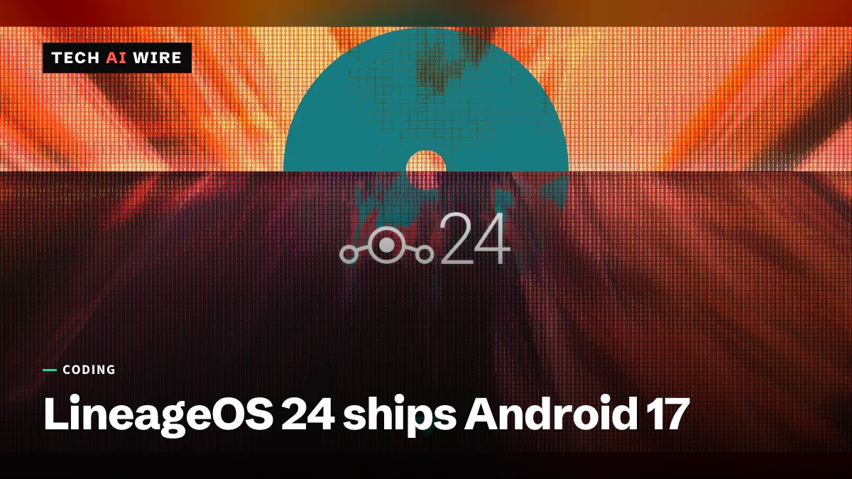The LineageOS logo and the number 24 over a pixelated orange and teal sunset with a half-circle sun.