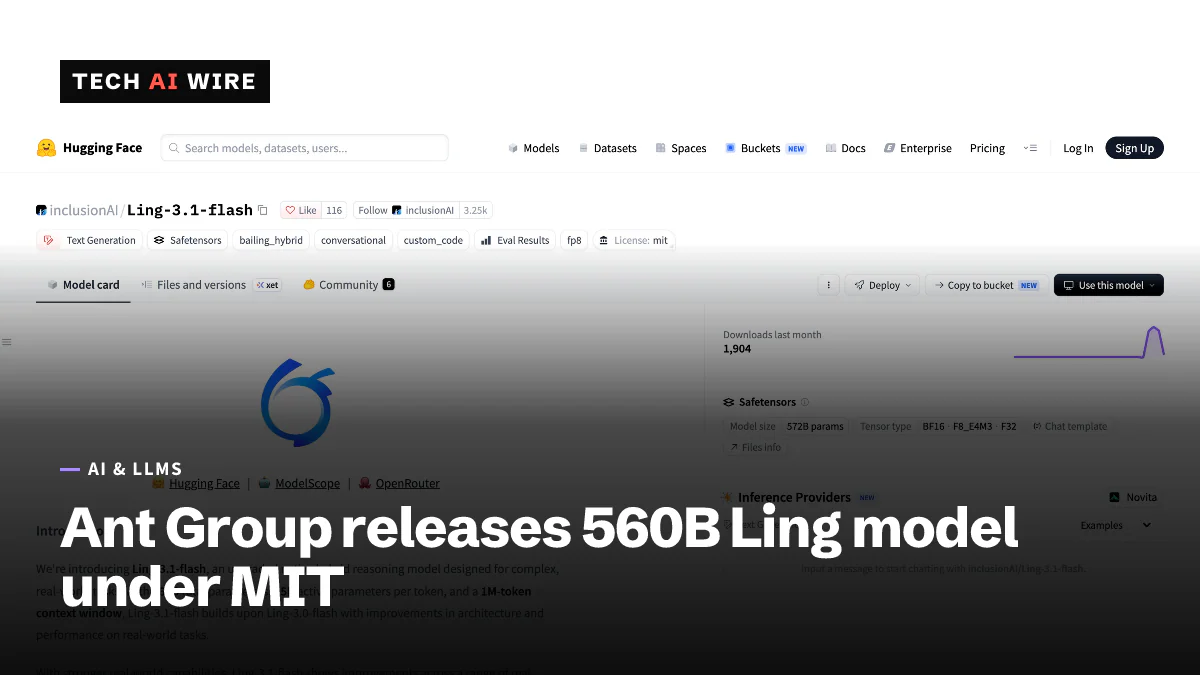 The Hugging Face model page for inclusionAI/Ling-3.1-flash, showing the Ling logo, an MIT license tag and a 572B-parameter model size.