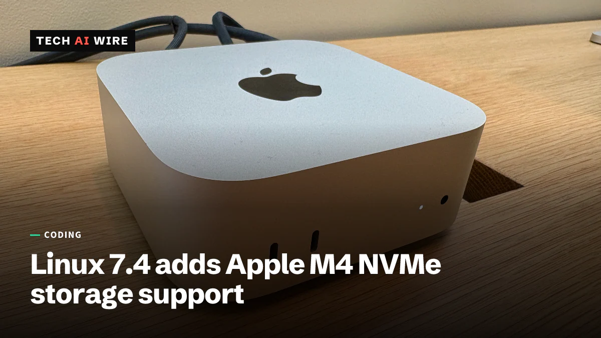 A silver M4 Mac mini with the Apple logo on top sits on a wooden table, two USB-C ports and a headphone jack on its front.