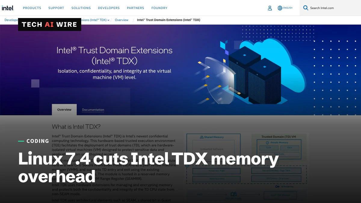 Intel's developer page for Intel Trust Domain Extensions (Intel TDX), with an illustration of servers beside a cloud and a diagram of shared and private memory.