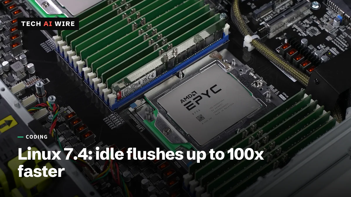 An AMD EPYC 9754 processor on a dual-socket server board, flanked by rows of green memory modules, with a second EPYC chip at the top edge.