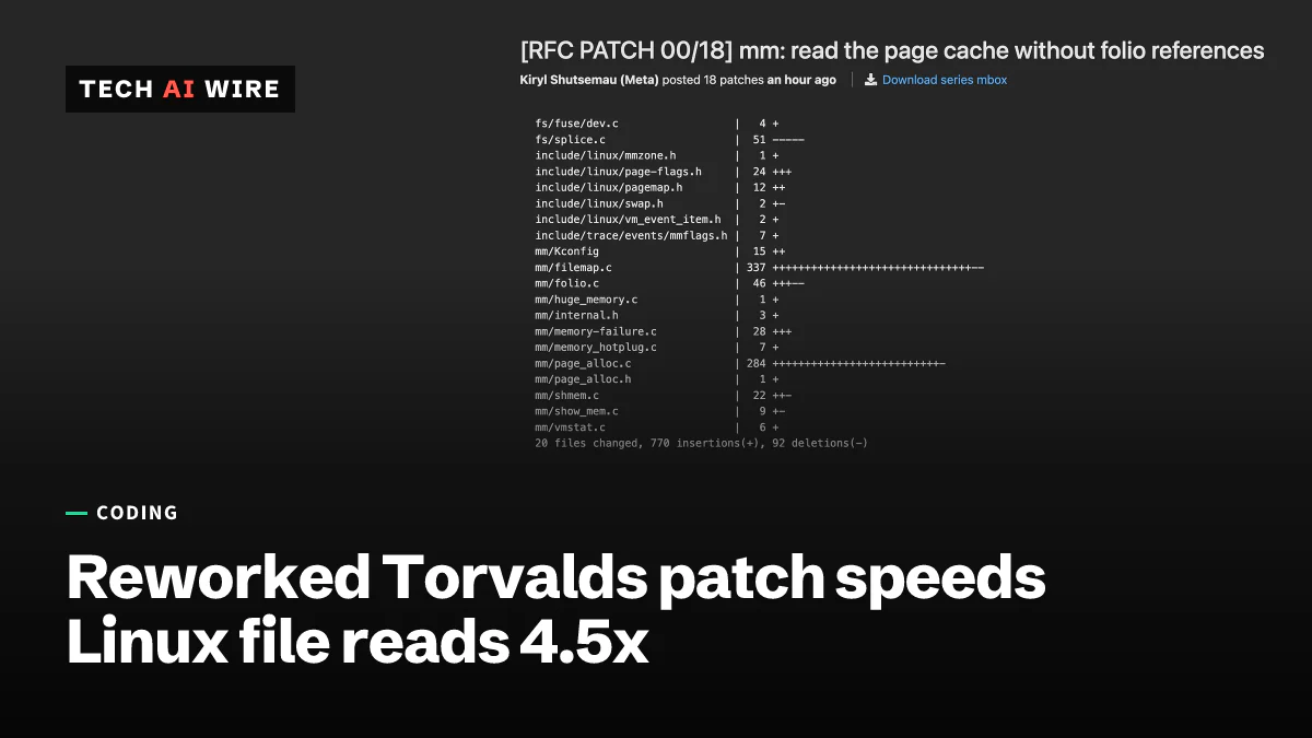 Captura de tela da página do arquivo do Patchew da série RFC de 18 patches de Kiryl Shutsemau “mm: read the page cache without folio references”, com a lista dos 20 arquivos que ela altera.