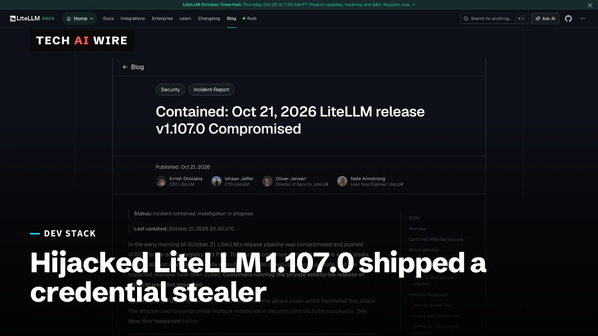 LiteLLM's incident report page titled Contained: Oct 21, 2026 LiteLLM release v1.107.0 Compromised, with its authors and a status line.
